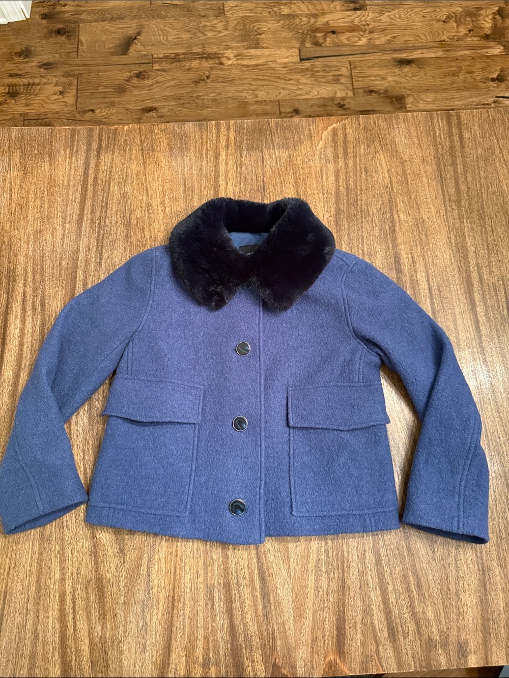 Club Monaco steel blue Pea Coat with Black Faux Fur Collar